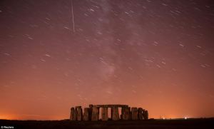 Perseid Meteor shower over Stonehenge.  Streaking down towards Stonehenge across the path of all the other stars in the sky, this shooting star is hurtling to Earth at 135,000 miles per hour – 100 times the speed of Concorde.