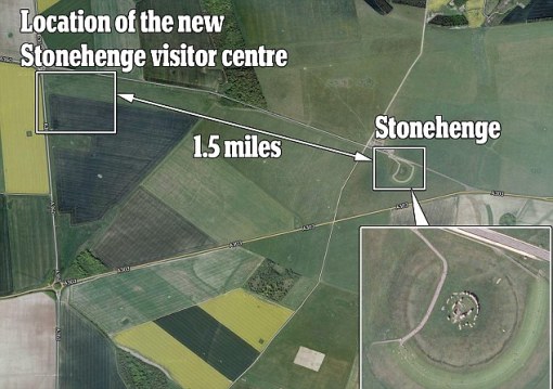 Down the road: An aerial view of the site shows how developers have managed to place the site nearby, without spoiling the immediate surroundings of Stonhenge