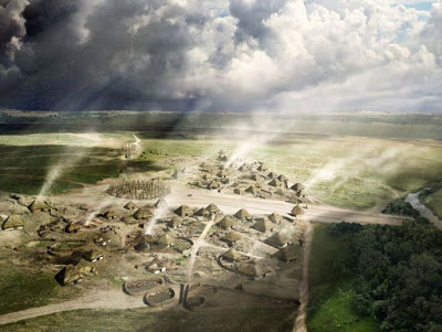 A reconstruction drawing of how the prehistoric village of Durrington Walls  might have looked in 2500BC [Credit: English Heritage]