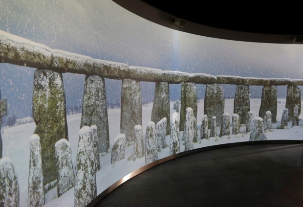 A 360 degree virtual experience video display showing Stonehenge is played at the new exhibition centre at Stonehenge in Salisbury, southern England