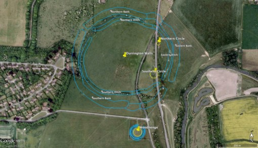 Long recognised on old maps as an ancient British Village, Durrington Walls’ true importance only became apparent in the late 1960s when the road through it was realigned on a straighter path. You can see the line of the old, smaller, road in the aerial photo running to the left of the new road.